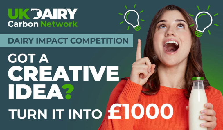 Dairy Impact Competition image with woman holding pint of milk and pointing up