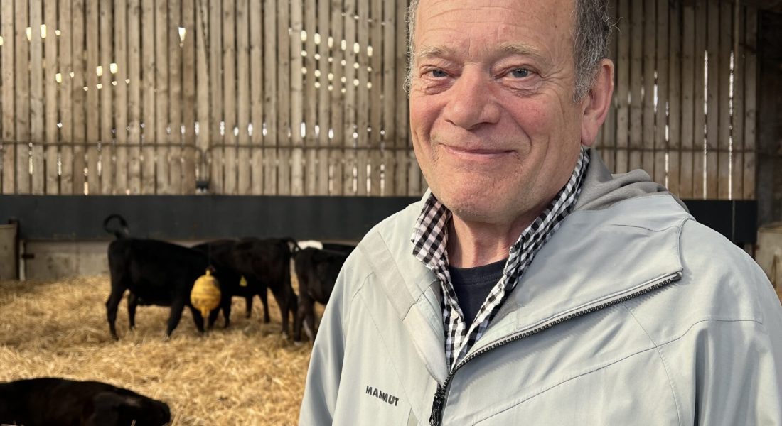 Jamie Robertson stood in cattle shed with cows in background