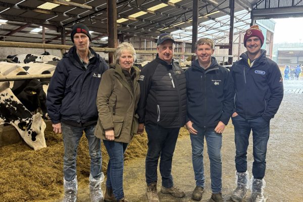 NI open meeting 14 April 2026 Five attendees stood in a cattle shed at the NI Open Meeting