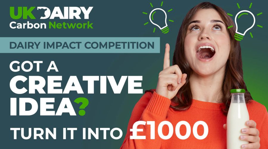 Dairy Impact Competition image with woman holding pint of milk and pointing up
